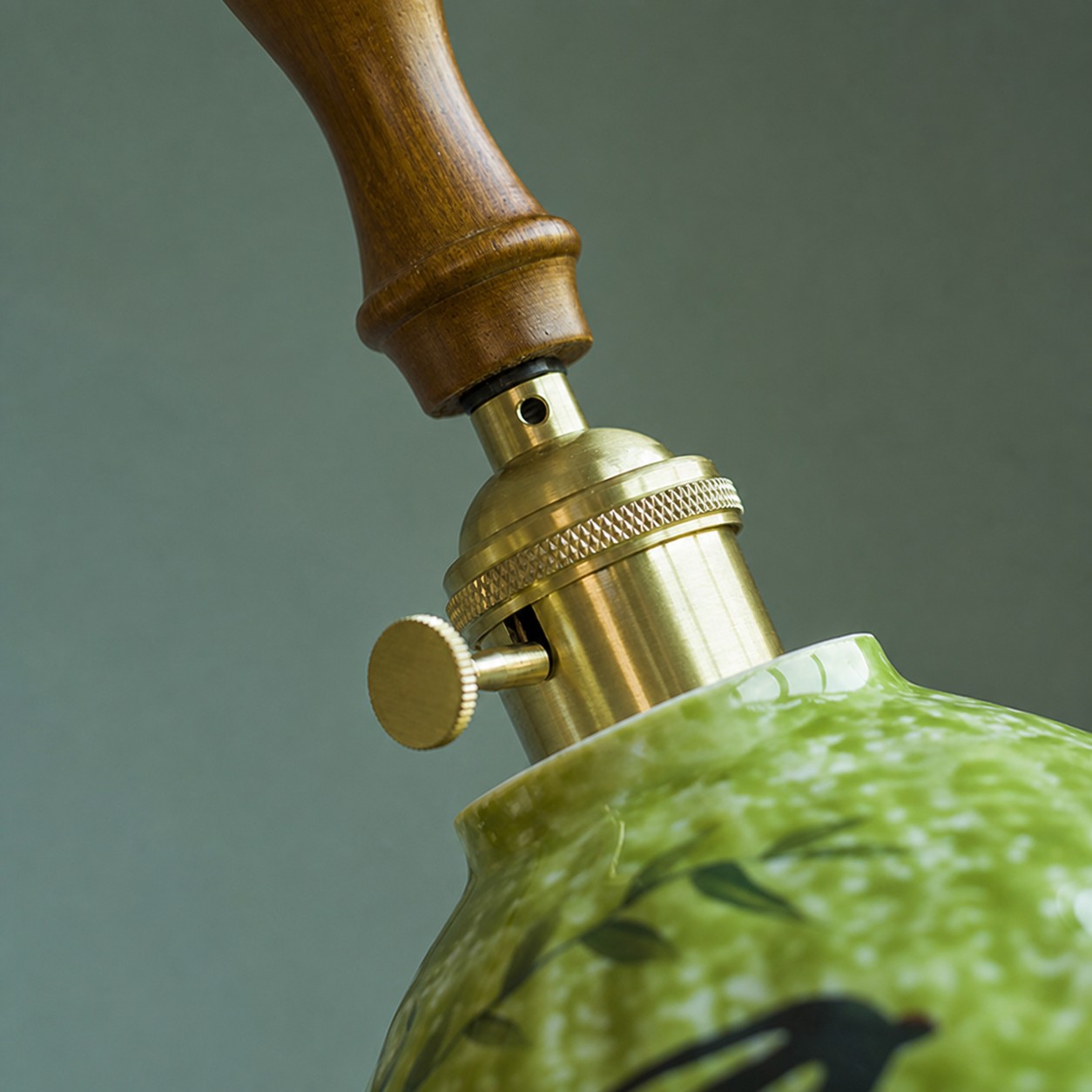 Botanical Glazed Ceramic Pendant Light with Brass-Tone Hardware - wood grip and brass-tone hardware detail
