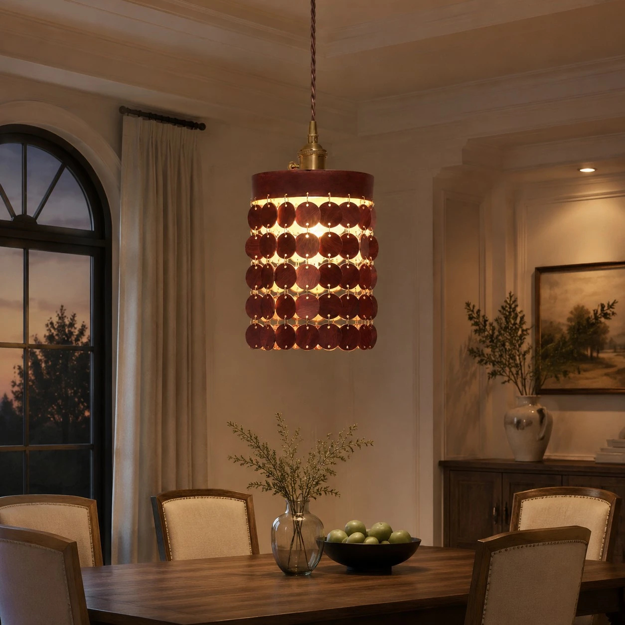 Brown leather pendant light in an evening dining room