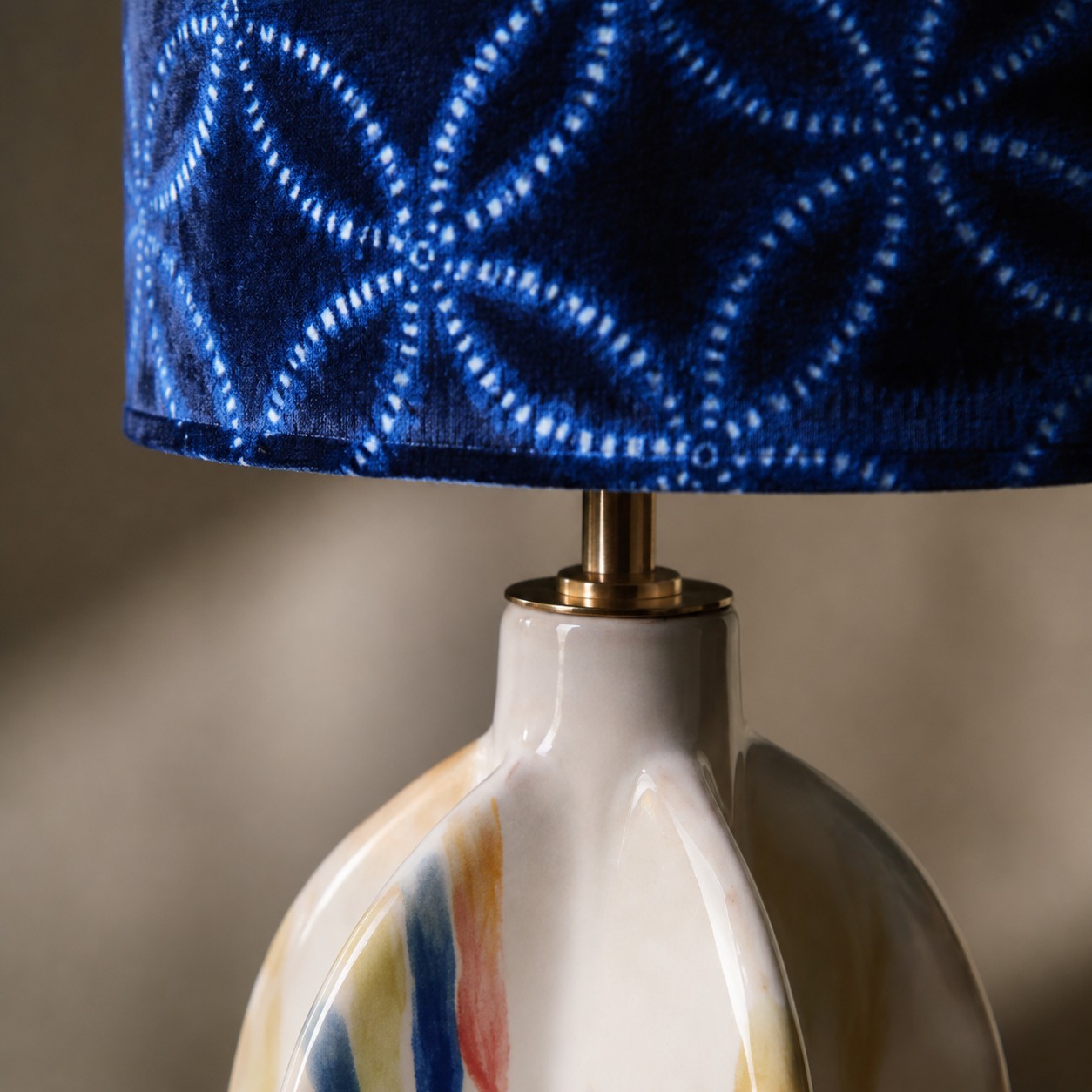 Close view of the blue patterned fabric lampshade texture
