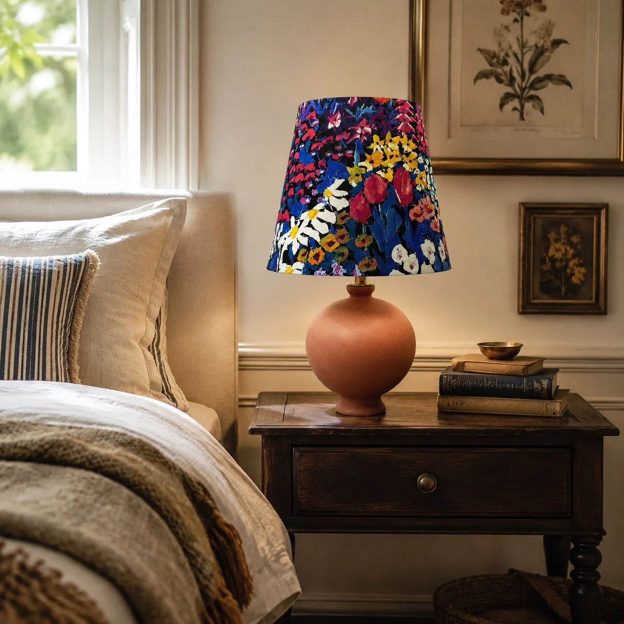 Painter floral table lamp styled in a bedroom