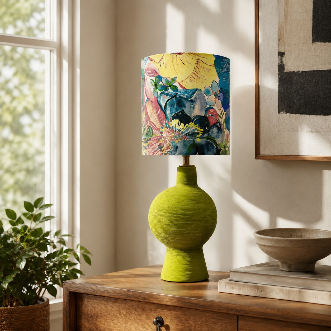 Floral Blue Yellow table lamp by a window