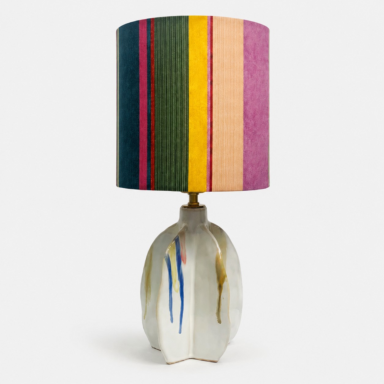 Handmade ceramic table lamp with striped fabric shade