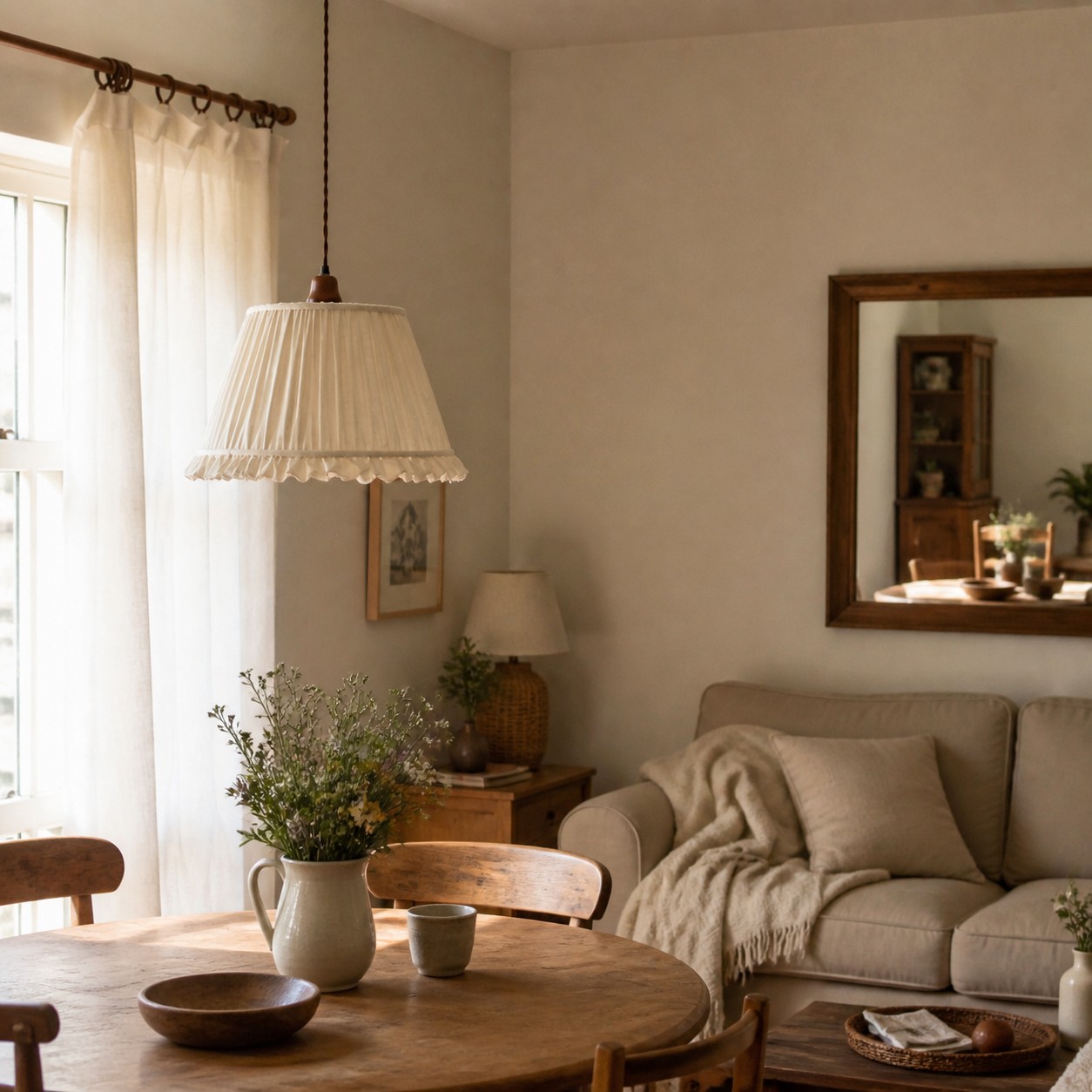 Pleated fabric pendant light in a warm living and dining room scene