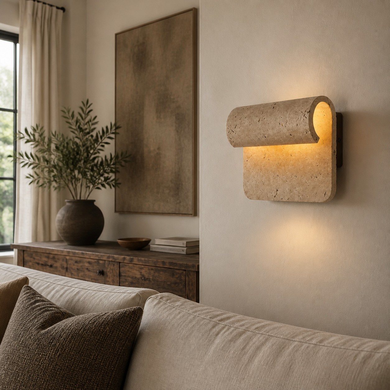 Wandleuchte aus Travertin im Wohnzimmer