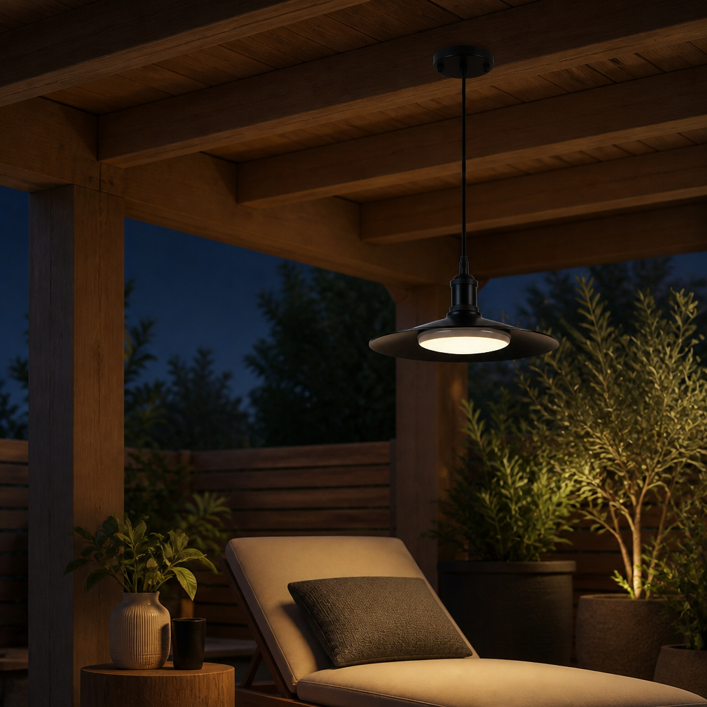 Zwarte metalen hanglamp voor buiten, onder een houten pergola bij schemering.