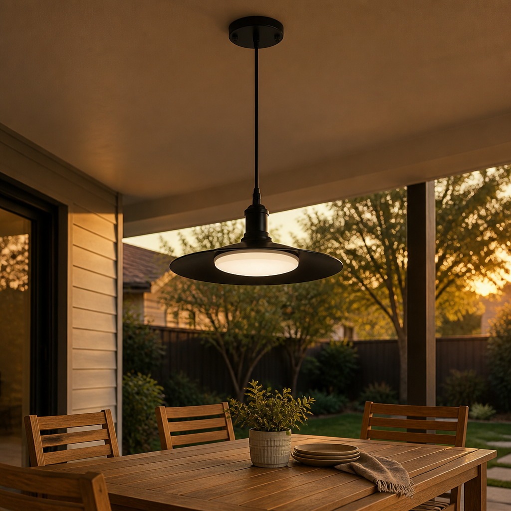 Zwarte metalen hanglamp voor buiten, boven een overdekt terras waar u kunt dineren tijdens het gouden uur.
