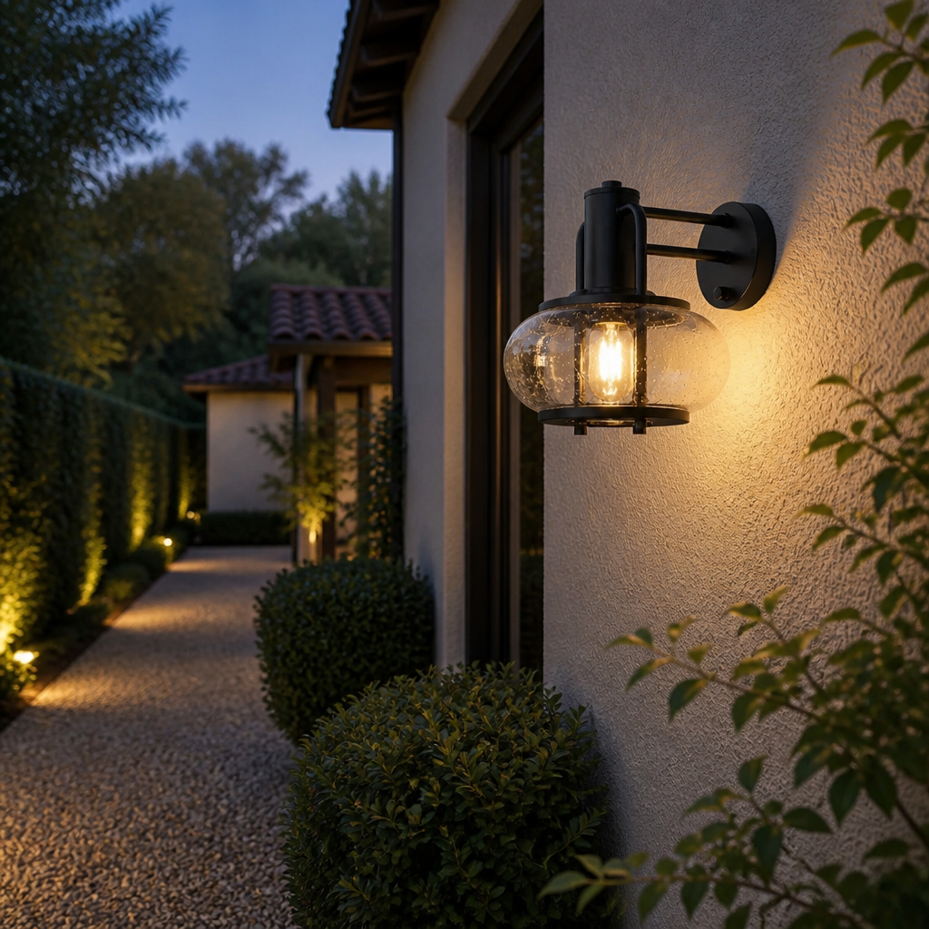Covered side entry outdoor wall light at dusk