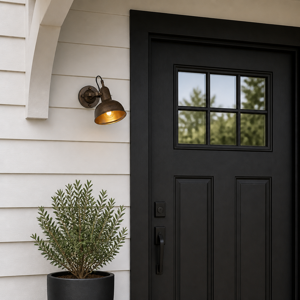 Black Solenvo outdoor wall sconce on a covered US front porch at dusk