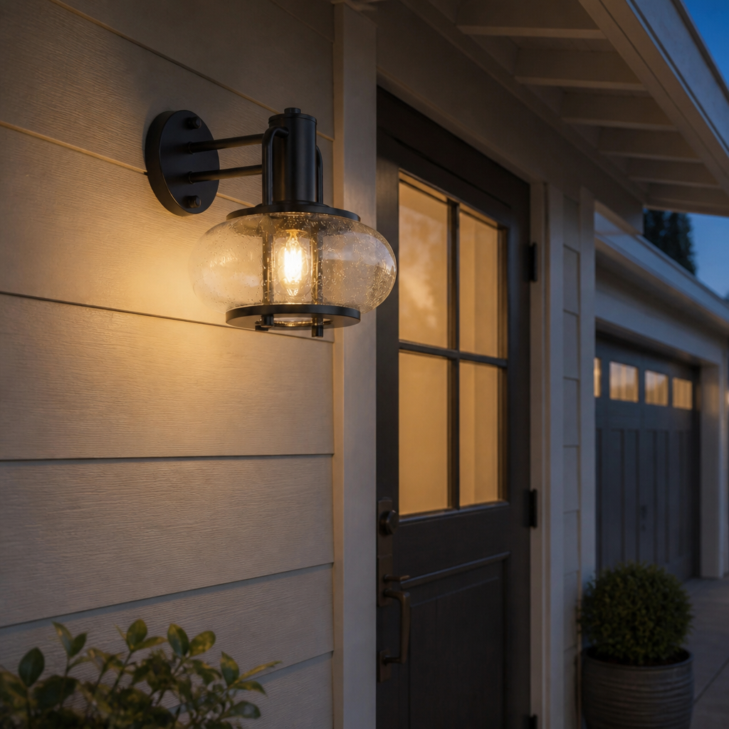 Garden wall outdoor lantern along a gravel path
