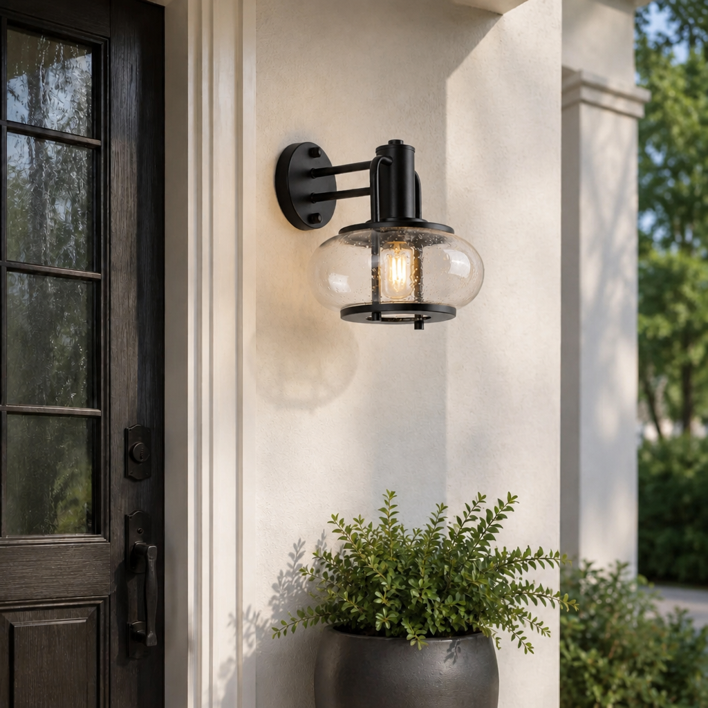Black outdoor wall sconce installed beside a front entry for curb appeal