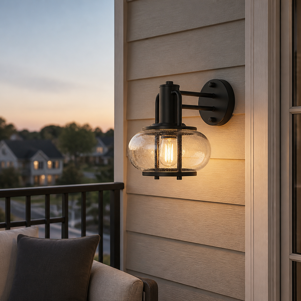 Balcony wall outdoor sconce with warm evening glow