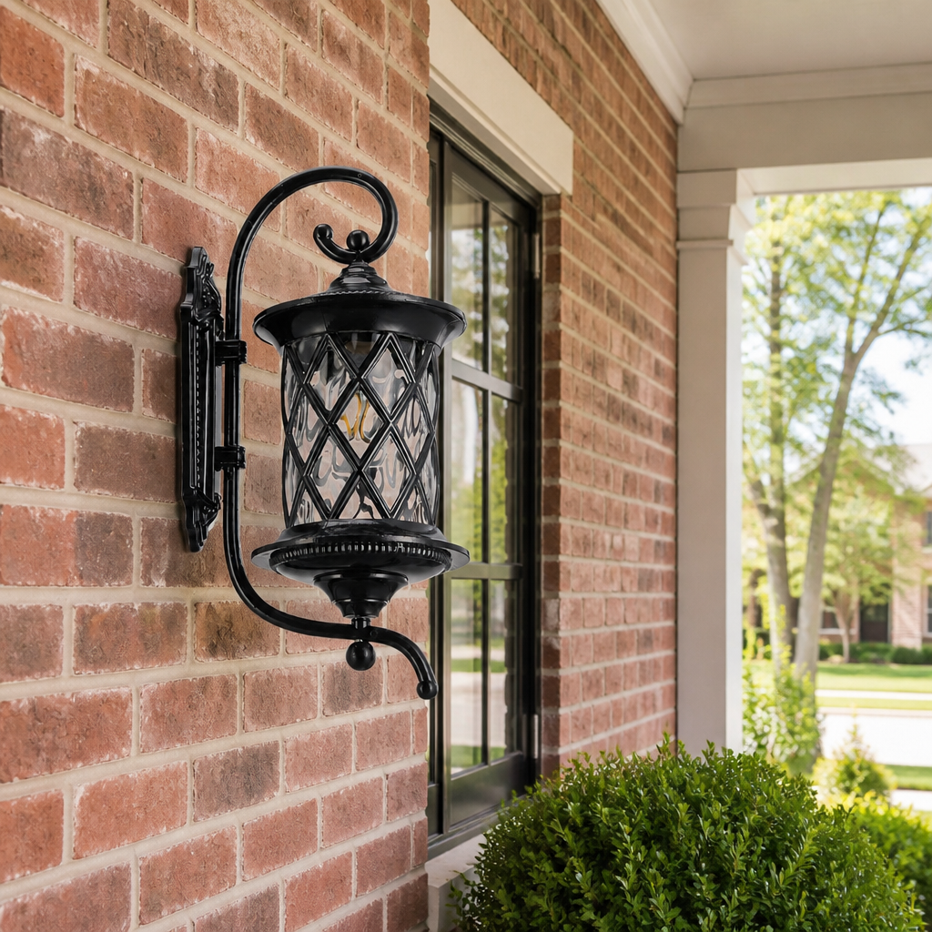 Black pineapple outdoor wall lantern on a US brick porch