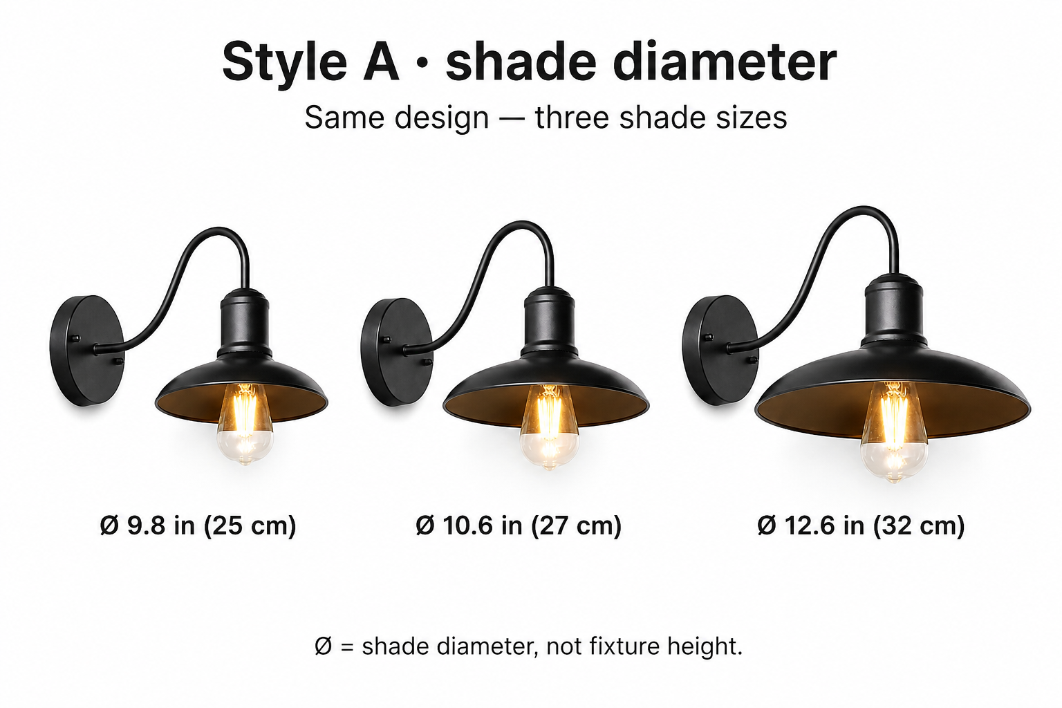 Style A crown-cage outdoor wall lantern shade diameter comparison: 9.8, 10.6, and 12.6 inches