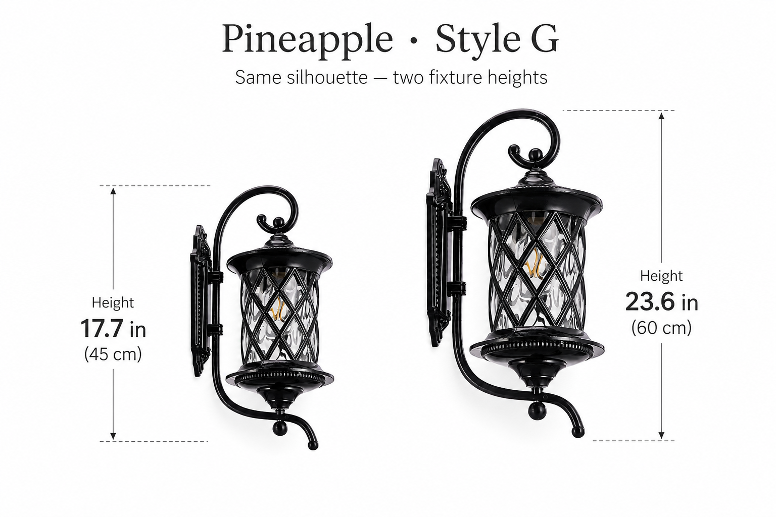 Pineapple Style G outdoor wall lantern height comparison: 17.7 inches versus 23.6 inches