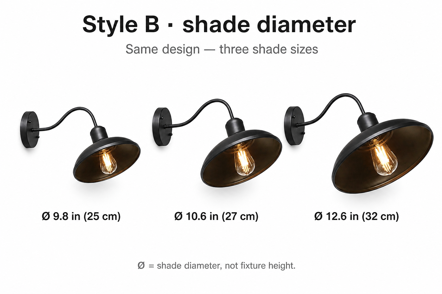 Style B crown-cage outdoor wall lantern shade diameter comparison: 9.8, 10.6, and 12.6 inches