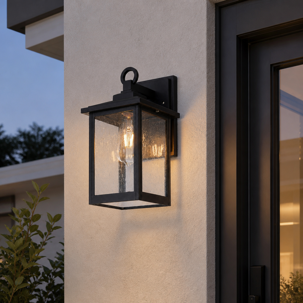 Black square outdoor wall lantern on stucco at dusk