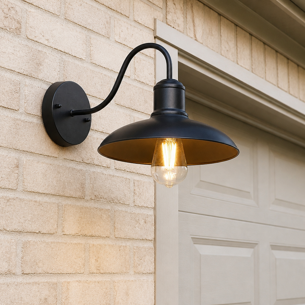 Black crown-cage outdoor wall lantern on a garage wall