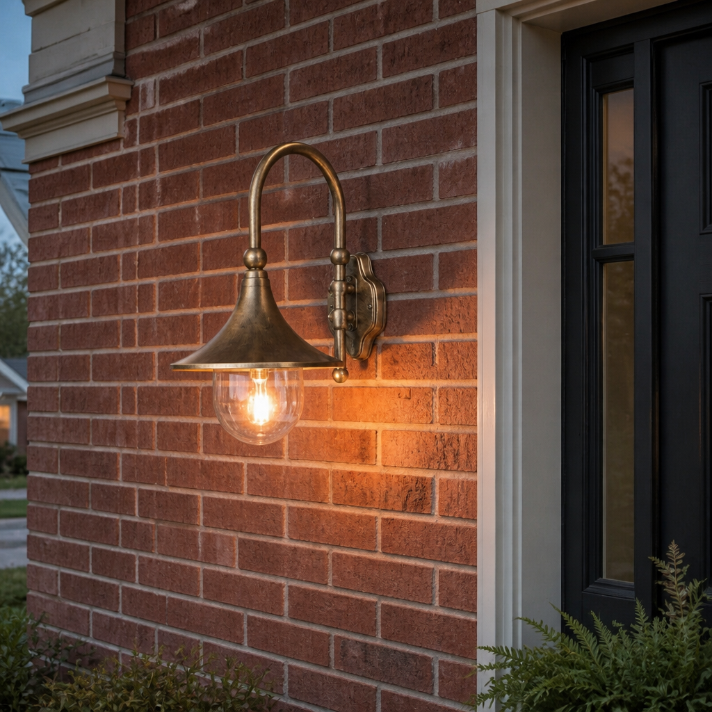 Brass trumpet outdoor wall lantern on a US brick entry at dusk