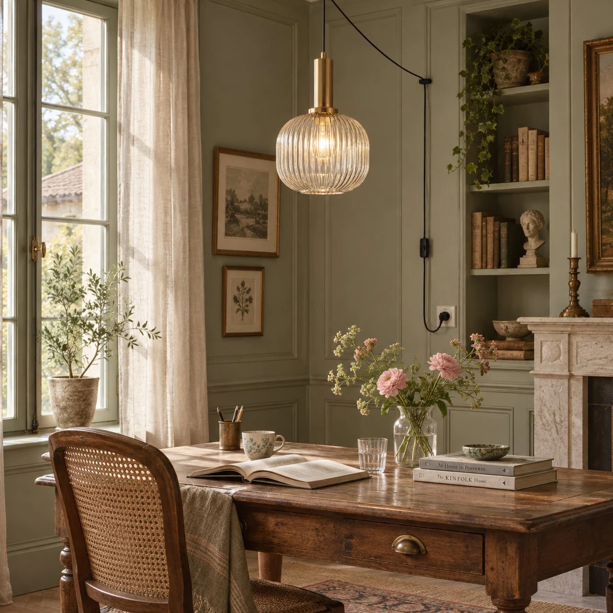 Retro ribbed glass plug-in pendant light in a home interior