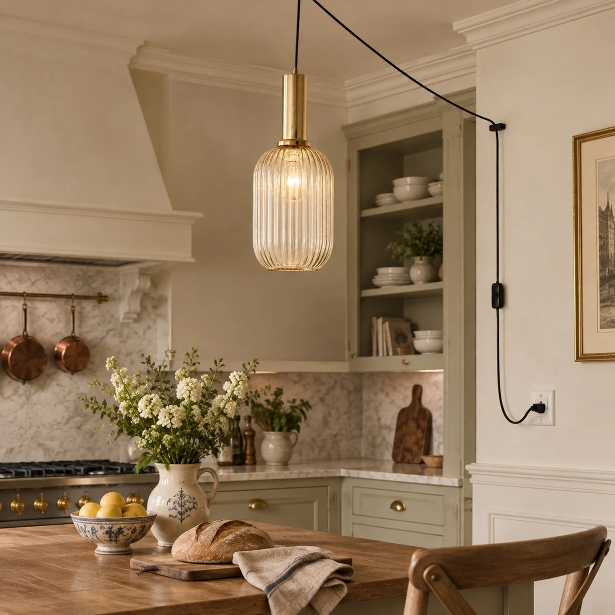 Retro ribbed glass plug-in pendant light in a home interior